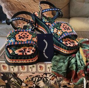 FARM Rio Floral Platform Sandals - Black, Orange, Blue